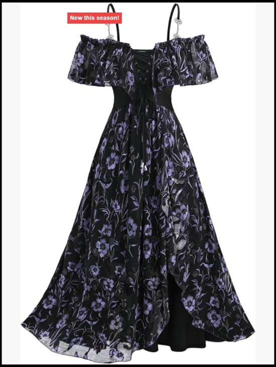 Dresses & Skirts - Plus Size Floral Cold Shoulder Maxi Dress Ruffle Lace-up Empire Waist Flowy